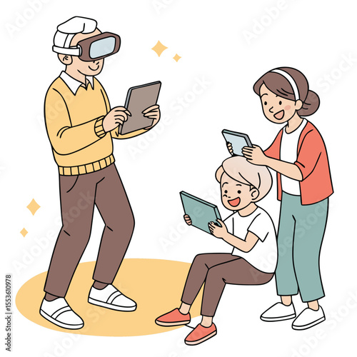Family engages with technology: father uses vr headset, others use tablets and mother guides child