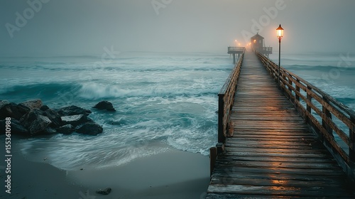 Wooden pier stretching into calm ocean, a serene escape into simplicity and peace