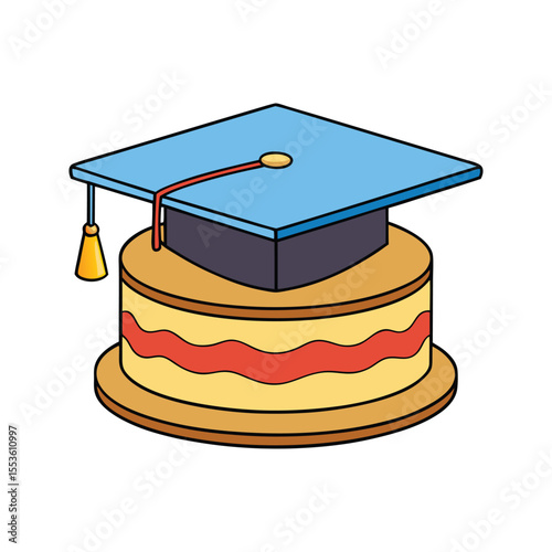 Fun graduation cake with mortarboard hat and bright icing layers vector illustration isolated on white background