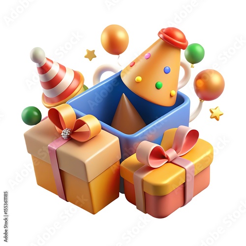3d rendering of colorful gift boxes balloons and party hats isolated on white background for a festive birthday celebration