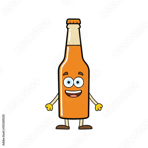 Funny beer bottle mascot with cheerful expression vector illustration isolated on white background