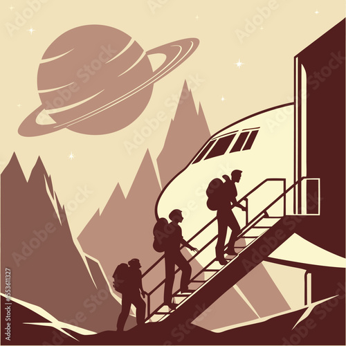 Silhouetted travelers ascend stairs to spaceship with saturn in the background and mountainscape