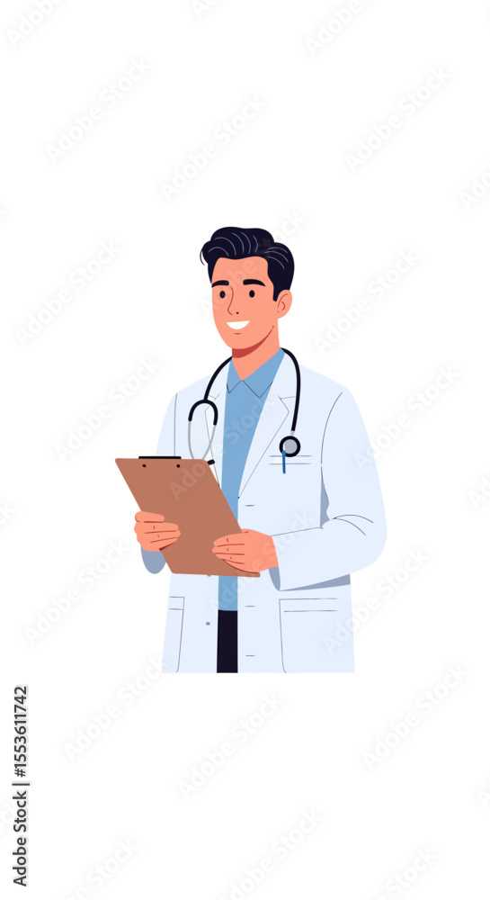 Fototapeta premium Smiling doctor in white coat holding clipboard with stethoscope around neck 1.