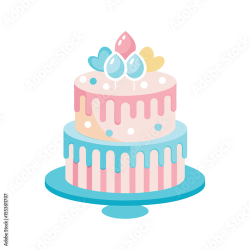Gender reveal cake with pink and blue icing drips and colorful decoration vector illustration isolated on white background