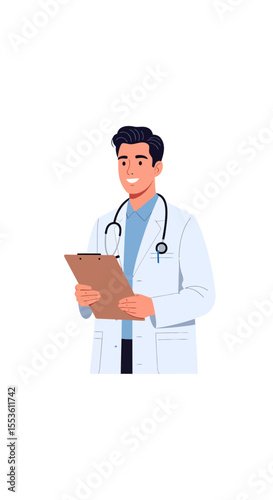 Smiling doctor in white coat holding clipboard with stethoscope around neck 1.