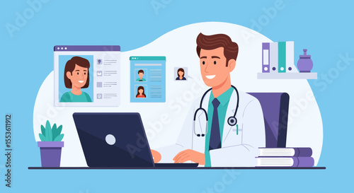 Smiling doctor in white coat using laptop with patient profiles on screen.