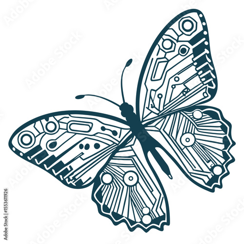 Detailed line art of a butterfly with circuit board patterns on its wings in a vector style design