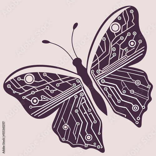 Illustration of a butterfly with circuit board patterns on its wings and a light background color