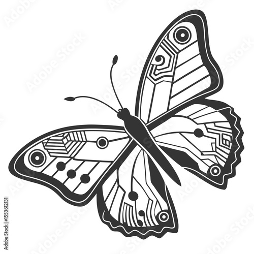 Detailed black and white butterfly with geometric patterns on its wings and antennae extending upwards