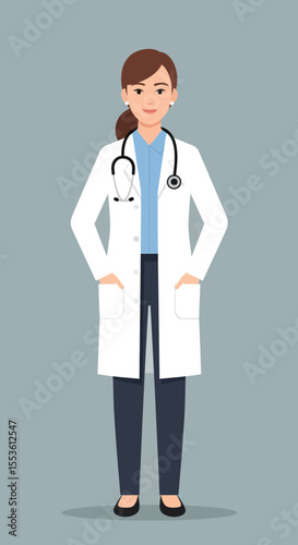 Smiling female doctor with stethoscope and white coat hands in pockets 1.