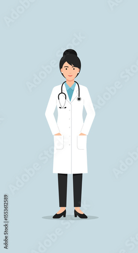 Smiling female doctor with stethoscope and white coat hands in pockets.