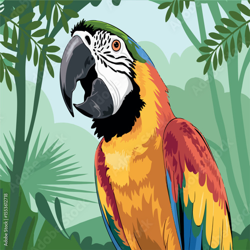 illustration, cartoon, vector, exotic, parrot, animal, image, bird, feather, green, cute, bright, color, colorful, wild, tropical, macaw, nature, wildlife, funny, design, summer, yellow, isolated, 