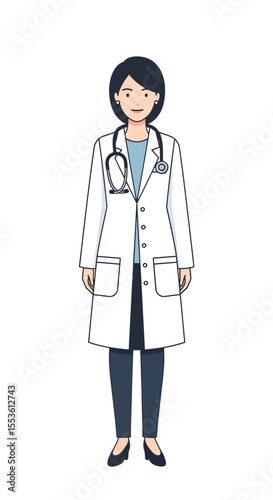Smiling female doctor with stethoscope and white coat standing straight.