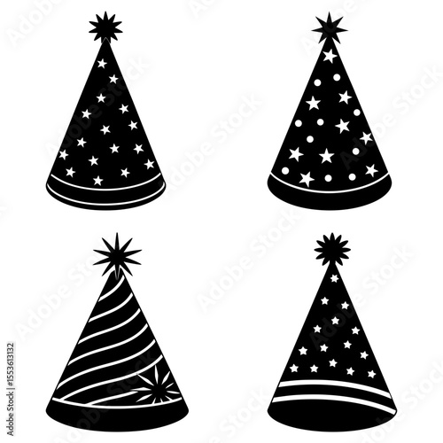 Four black party hats with star toppers and various patterns on a white background in a simple illustration