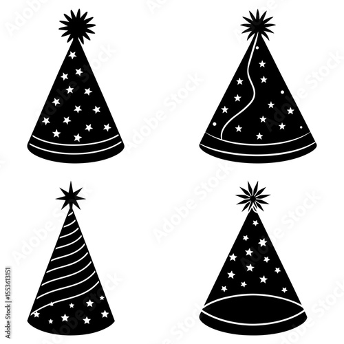 Illustration of four black party hats decorated with stars and lines on a white background design element