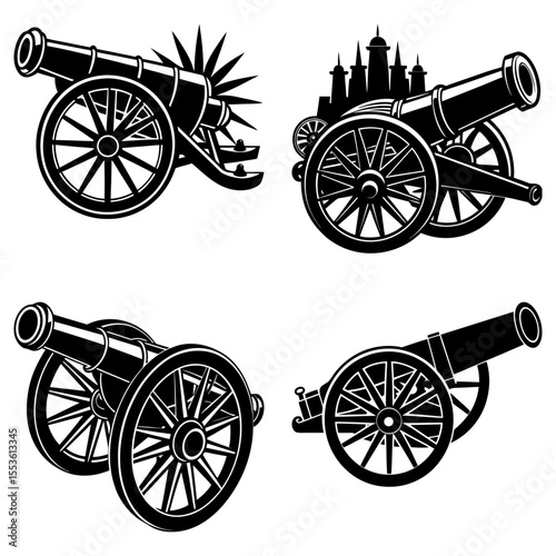 Illustration of four antique cannons in black and white with varying designs and decorative elements shown