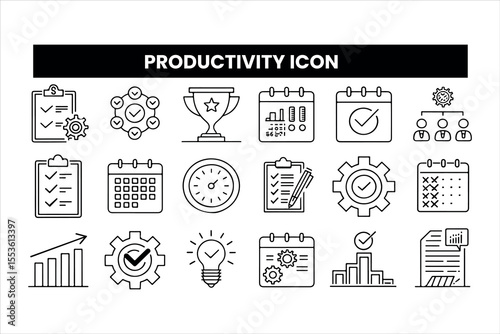 Set of outline icons related to productivity . Linear icon collection. Editable stroke. Vector illustration