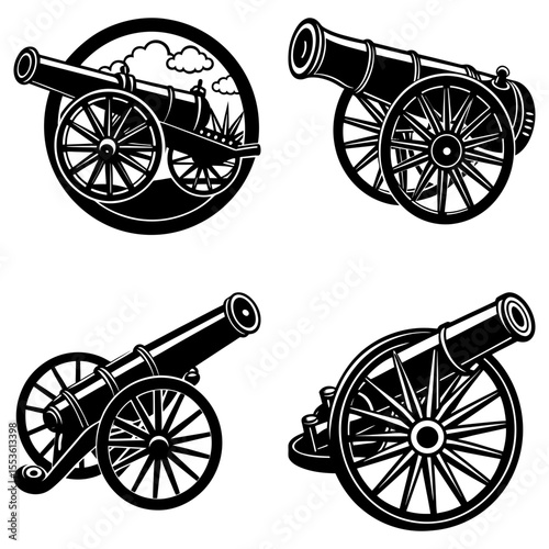 Four vintage black and white cannon illustrations in various positions and compositions shown together