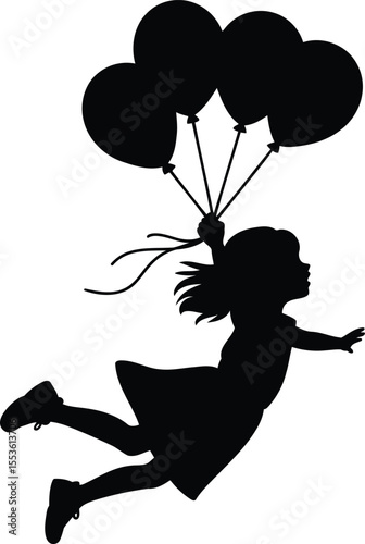 Silhouette of a Girl Floating with Balloons, Transparent Background.