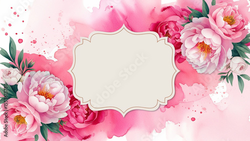 Romantic watercolor background for a wedding card with soft pink and pastel tones, blooming peonies and roses in the corners, gentle splashes, and an elegant central frame for text.
