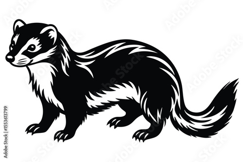 Cartoon ferret with blue and gold markings stands alertly on white background