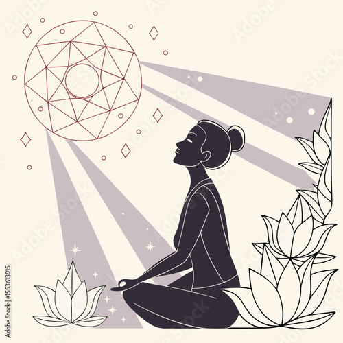 Silhouette of a woman meditating under a geometric light with lotus flowers surrounding her form in grayscale