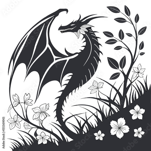 Silhouette of a dragon amidst flowers and grass in a monochrome fantasy landscape scene art work
