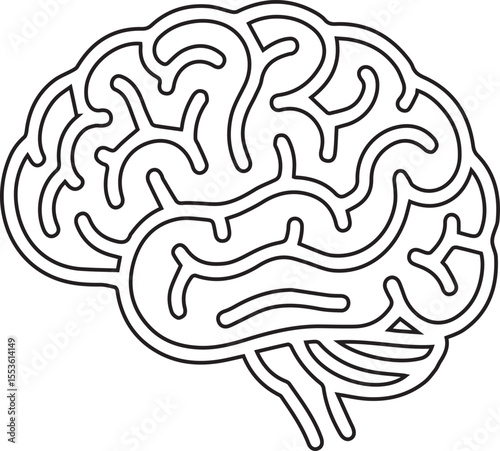 A stylized outline depicts the human brain, symbolizing intelligence, learning, and neuroscience within medical or educational designs, offering a minimalist and clean graphic element.