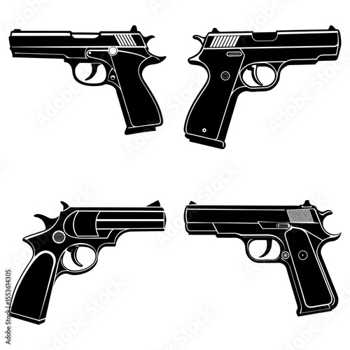 Four black and white illustrations of soldiers holding rifles in various poses and compositions design