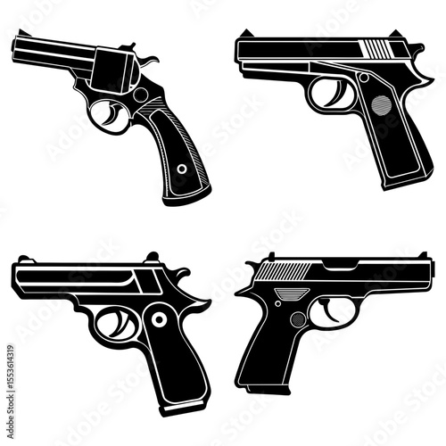 Four black and white illustrations of soldiers holding rifles in various poses and backgrounds design