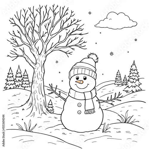 Charming Snowman Enjoying a Snowy Day Under a Bare Tree Outline for Coloring