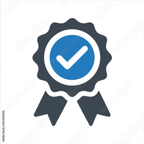 Approved ribbon with checkmark icon. Certified medal icon