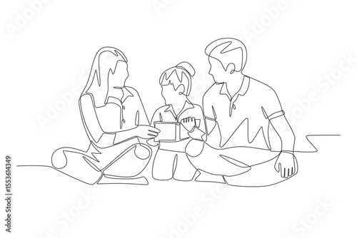 Family relaxing while reading a book. Family relaxing concept one-line drawing
