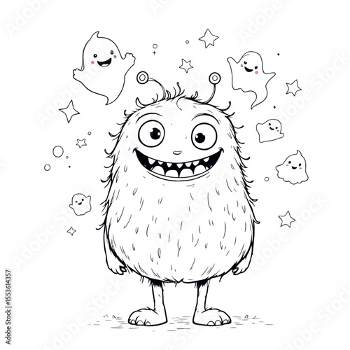 Cute Fluffy Monster Character with Friendly Ghost Companions for a Coloring Book Page