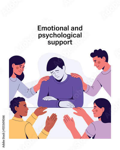 Illustration of emotional support for a person surrounded by supportive friends