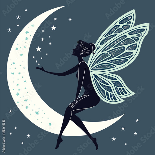 Silhouette of a fairy with wings sitting on a crescent moon surrounded by stars in the night sky scene