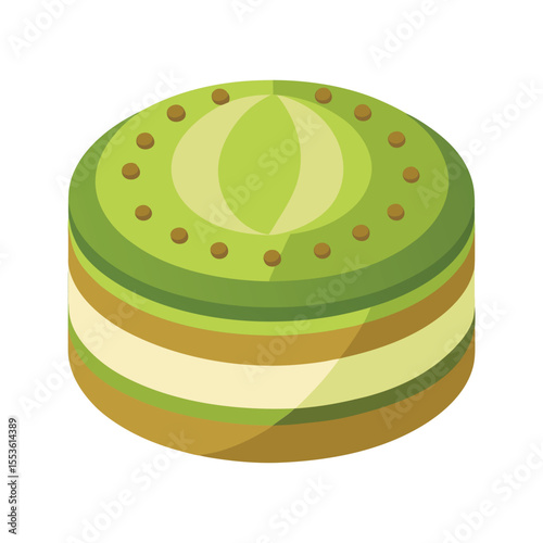 Green matcha flavored cake with creamy green icing vector illustration isolated on white background