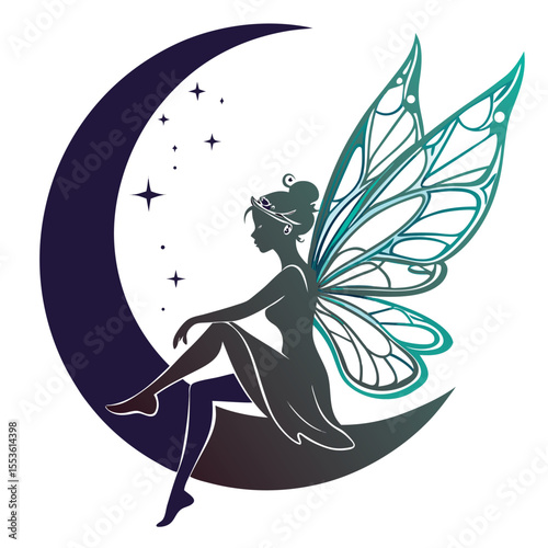 Silhouette of a fairy with wings sitting on a crescent moon surrounded by stars in the night sky