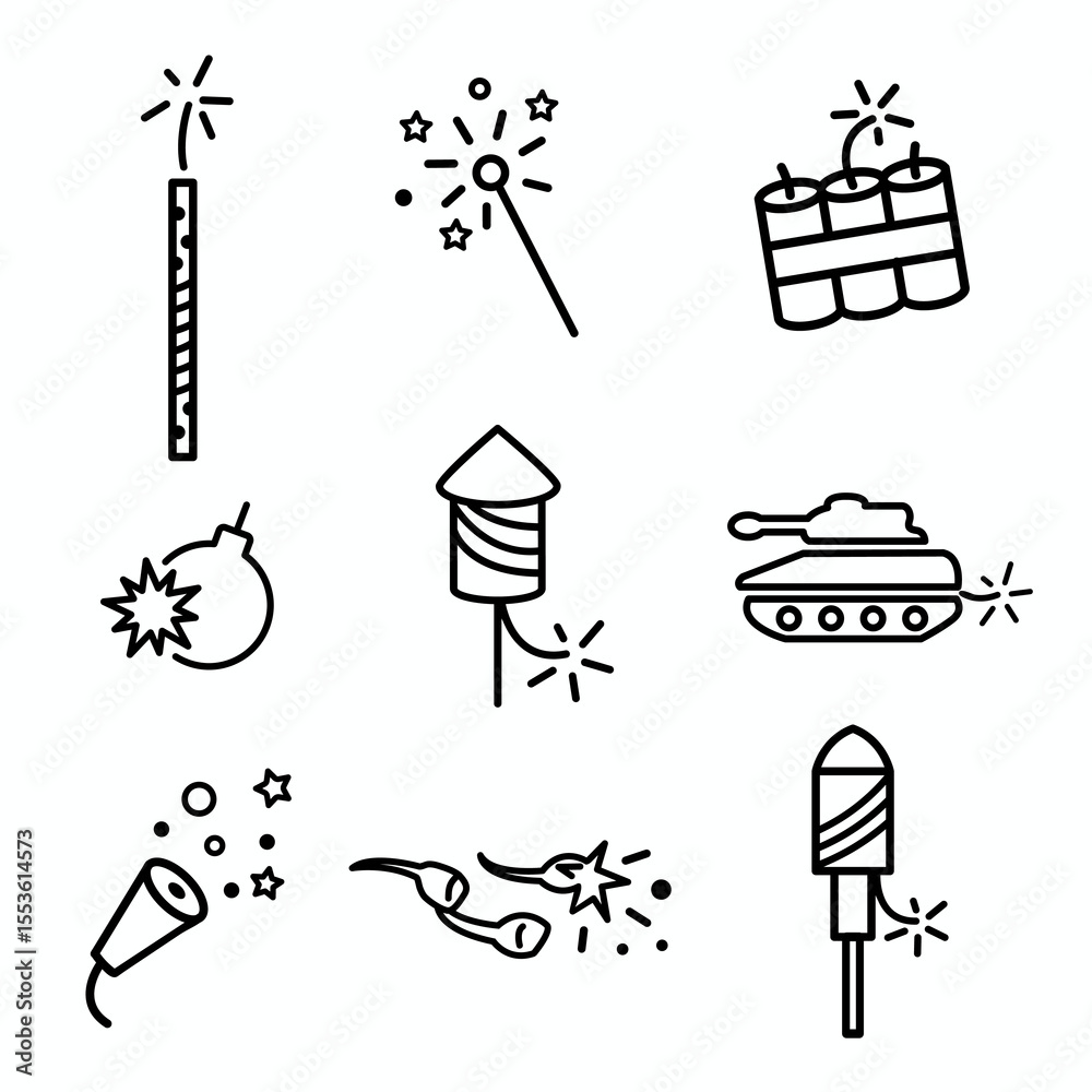 Fototapeta premium Fireworks and Independence Day with Icon Set