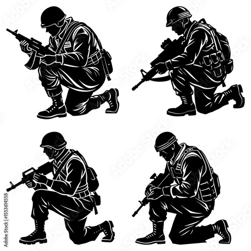 Four circular designs featuring silhouetted soldiers in various poses and settings in black and white art