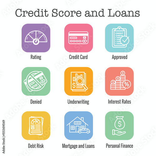 Credit Score and Loans Icon Set with Approved Credit Underwriting Interest Rates Debt Mortgage Refinance