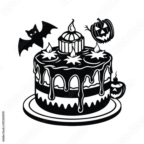 Halloween cake with Halloween decorations and dripping icing silhouette isolated on white background