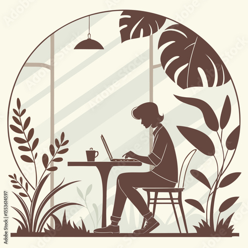 Silhouette of a person working on a laptop at a table surrounded by plants in a bright room setting