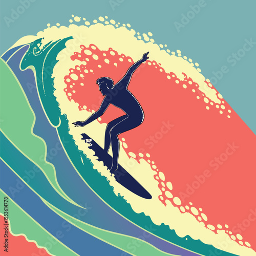 Silhouette of a surfer riding a large wave with colorful water and a light blue sky background