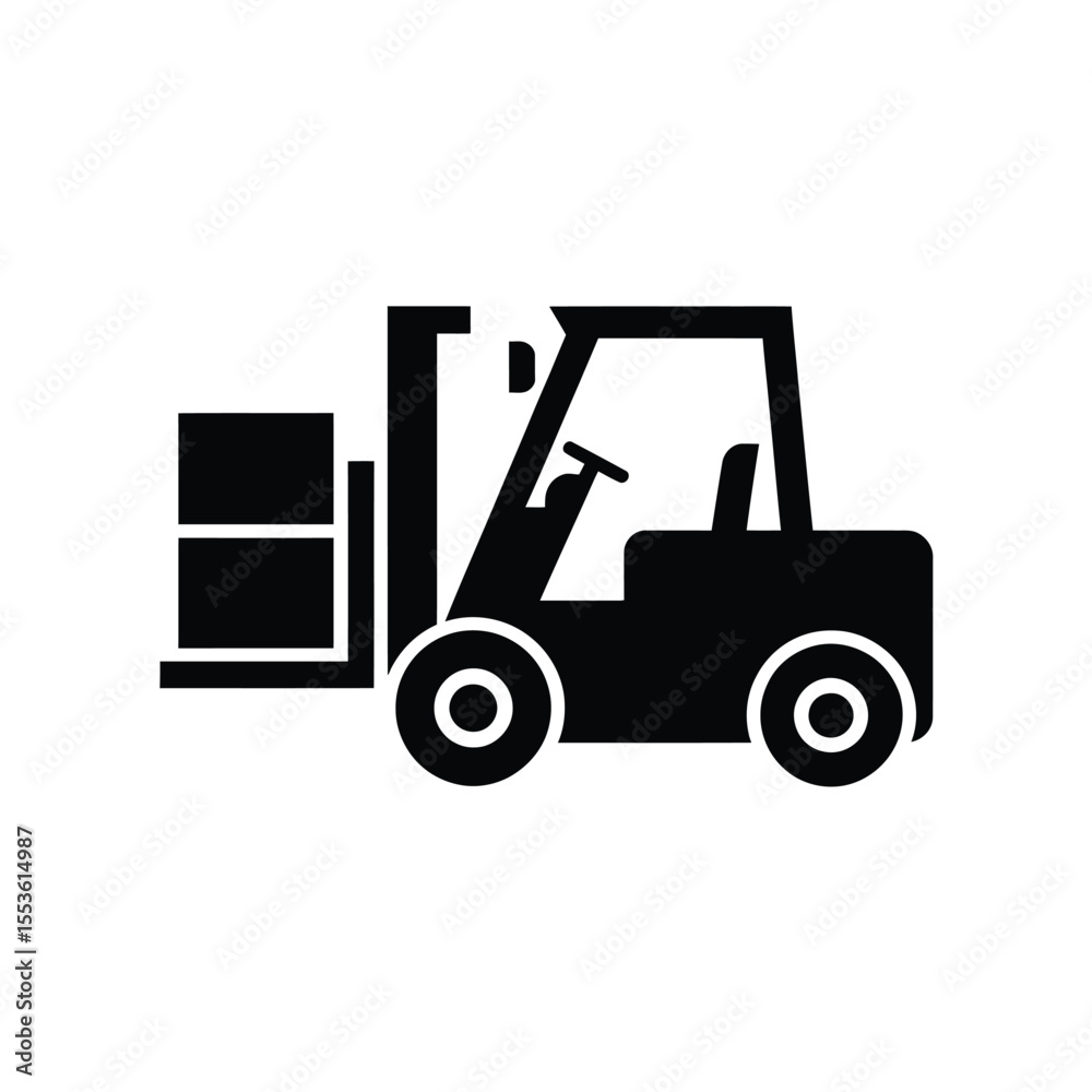Fototapeta premium Black silhouette of a forklift truck lifting a pallet of boxes on a white background