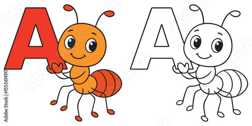 Coloring Page For Kids. Cute Cartoon Ant Holding an A Alphabet Letter on White Background