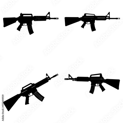 Four Black Silhouette Assault Rifle Variations; Military, Weapon, Graphic Design