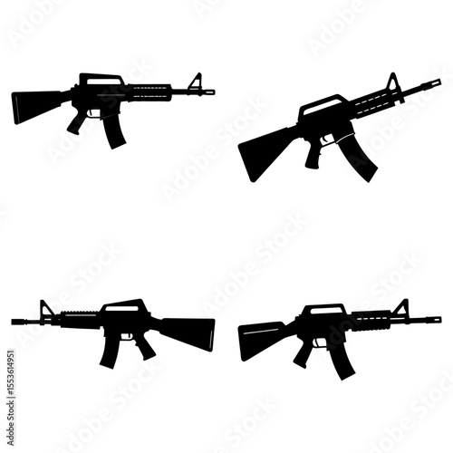 Four Black Silhouettes of Assault Rifles;  Military Weaponry;  Graphic Design Elements;  Vector Illustration.