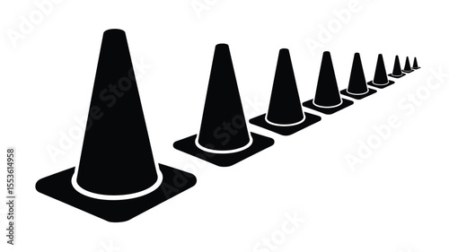 A line of black traffic cones receding into the distance on a white background