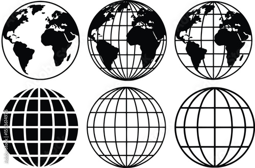 Set of Globe Icons in Black and White, World Map and Grid Sphere Vector Collection.